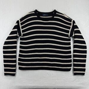Polo Ralph Lauren Striped Crew Neck Sweater Knit Size L Black Cream Cotton Blend